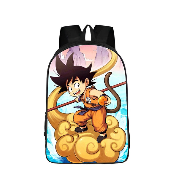 Le cartable représente le personnage de Son Goku, un jeune garçon aux cheveux hérissés et à la peau hâlée, vêtu d'un kimono orange et d'un pantalon bleu. Il est assis sur un nuage et tient un bâton dans sa main droite. En arrière-plan, on peut apercevoir des montagnes et un ciel bleu.,SA-4265768725