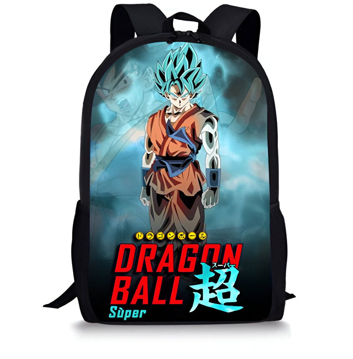 Le sac à dos représente Son Goku, un personnage de la série animée Dragon Ball Super. Il est vêtu de son costume de combat et est entouré d'une aura bleue. Le sac à dos est noir et possède une fermeture éclair.,SA-5986776321