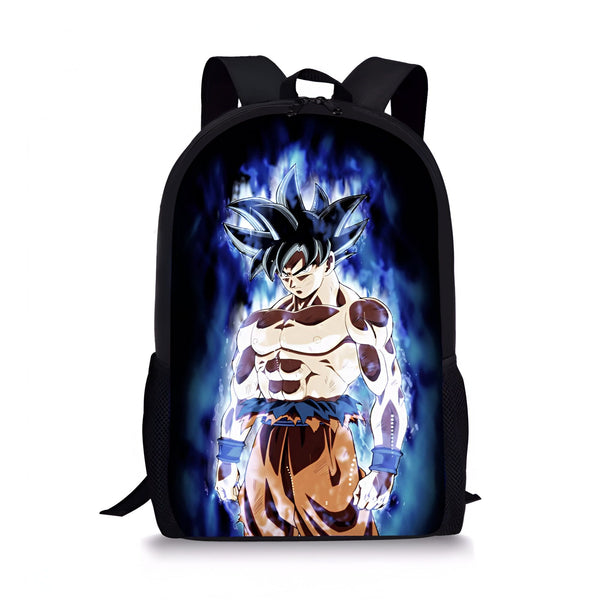 Le cartable représente Son Goku, un personnage de la série animée Dragon Ball Z. Il est en train de se transformer en Super Saiyan, ce qui est une transformation qui lui donne des cheveux bleus et une aura bleue. Il est vêtu d'un kimono orange et d'un pantalon bleu. Le cartable est noir avec des contours bleus.,SA-5981251824