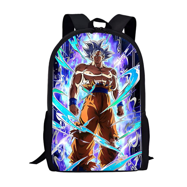 Le sac à dos représente Son Goku, un personnage de la série animée Dragon Ball Z. Il est vêtu de son costume de combat orange et bleu et est entouré d'une aura bleue. Le sac à dos est noir avec des fermetures éclair et des bretelles grises.,SA-5470125076