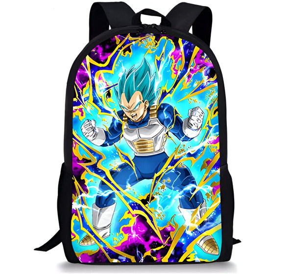 Le sac à dos représente le personnage de Vegeta, un Saiyan de la série Dragon Ball Z. Il est vêtu de sa combinaison de combat bleue et jaune et est en position de combat. Le sac à dos est bleu et noir avec une image de Vegeta.,SA-2198826232