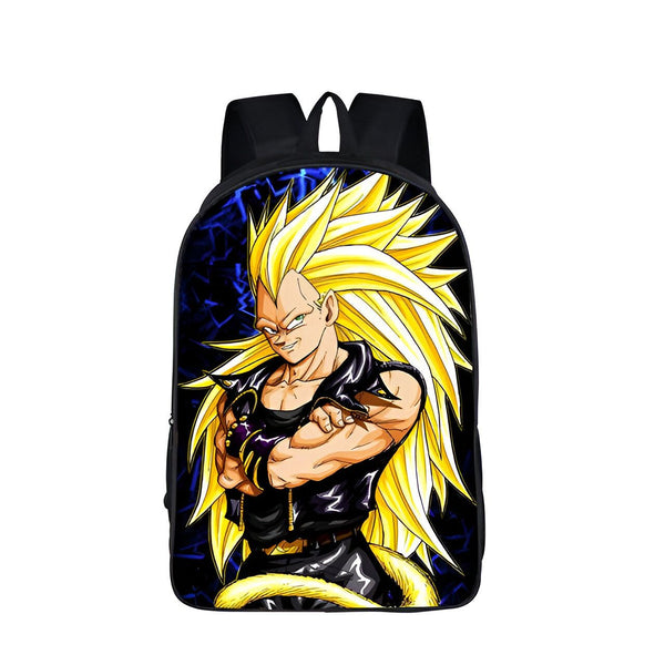 Le sac à dos représente le personnage de Son Goku, un Saiyan, dans la série animée Dragon Ball Z. Il est vêtu d'une combinaison bleue et orange et a les cheveux jaunes hérissés. Il est en position de combat, prêt à se battre contre un adversaire.,SA-4532293472