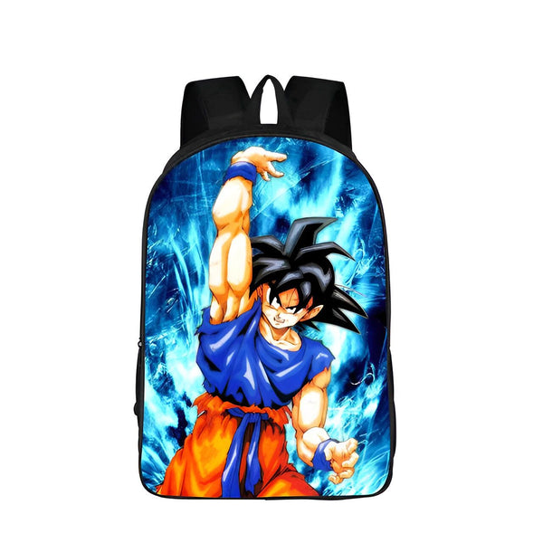 Le sac à dos représente Son Goku, un personnage de la série animée japonaise Dragon Ball Z. Il est vêtu de son costume de combat orange et bleu et est en position de combat. Le sac à dos est bleu et noir avec une image de Son Goku en train de se battre.,SA-2304551378