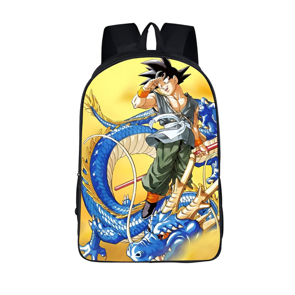 Le sac à dos représente le personnage de Son Goku, un jeune garçon aux cheveux noirs hérissés, vêtu d'une combinaison orange et bleue, en train de voler sur le dos d'un dragon bleu.,SA-8899208727