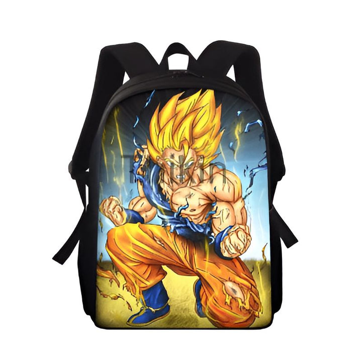 Le sac à dos représente Son Goku, un personnage de la série animée Dragon Ball Z. Il est vêtu de sa combinaison orange et bleue déchirée et est en position de combat. Le sac à dos est noir avec des contours jaunes.,SA-7926815721