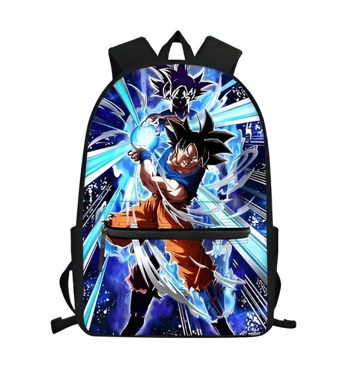 Le cartable bleu présente une image de Son Goku, un personnage de la série animée Dragon Ball Z. Il est en train de charger une attaque énergétique bleue.,SA-6197133326