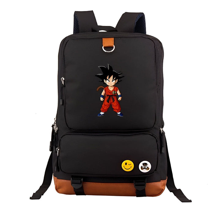 Le sac à dos est noir avec une image de Son Goku, un personnage de Dragon Ball Z. Il a les cheveux noirs et les yeux bleus, et il porte une combinaison orange et bleue. Le sac à dos a deux compartiments principaux, une poche avant et deux poches latérales. Il est parfait pour les fans de Dragon Ball Z.,SA-6123239856