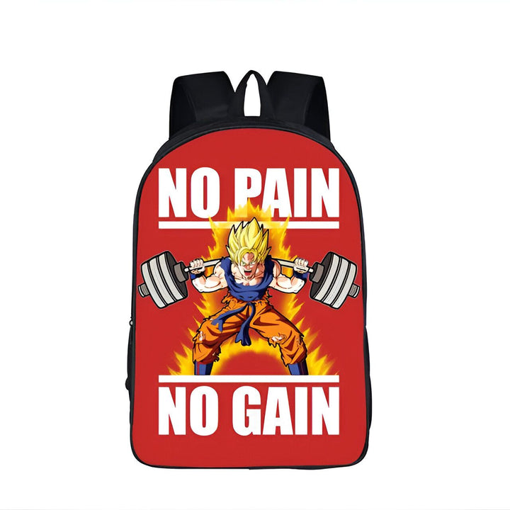 Le sac à dos est rouge avec une image de Son Goku, un personnage de Dragon Ball Z. Il est en train de soulever des poids et le texte "No pain no gain" est écrit en blanc sur le sac à dos.,SA-2601606800