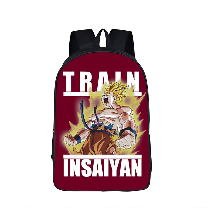 Le sac à dos est rouge avec une image de Son Goku, un personnage de Dragon Ball Z. Il est en train de s'entraîner et porte une combinaison orange. Le sac à dos est également doté d'une poignée et de bretelles noires.,SA-2419491947