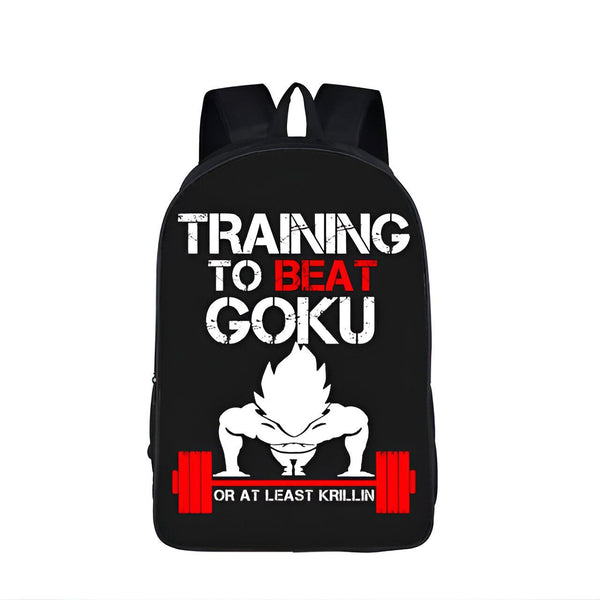 Un sac à dos noir avec l'inscription "Training to beat Goku or at least Krilin" et une image de Goku soulevant des poids.,SA-565938742X