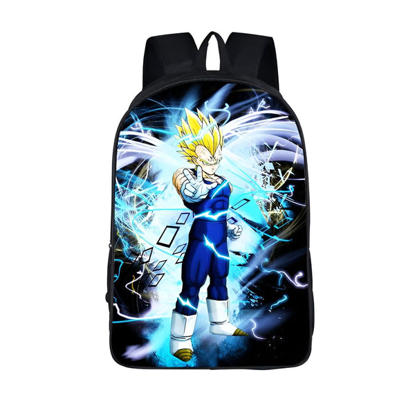 Le cartable représente le personnage de Vegeta, un prince Saiyan de la série animée Dragon Ball Z. Il est vêtu d'une combinaison bleue et jaune et est entouré d'éclairs.,SA-0030638356