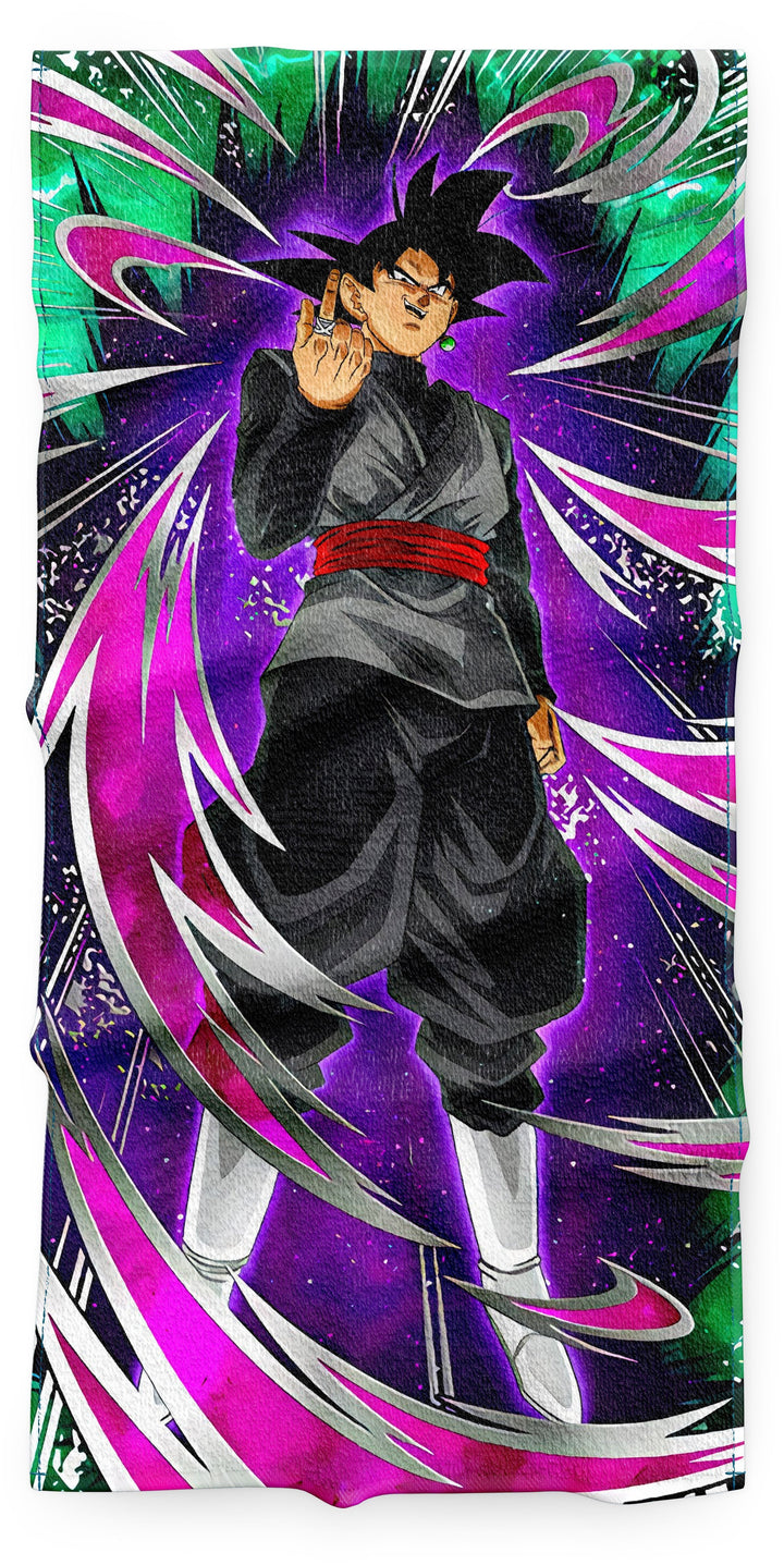 Une illustration de Son Goku, un personnage de la série animée Dragon Ball Z. Il est vêtu d'une combinaison noire et d'une ceinture rouge, et il a les cheveux noirs et les yeux verts. Il est entouré d'une aura violette et noire, et il semble prêt à se battre.,SE-2057180972,SE-196051234X