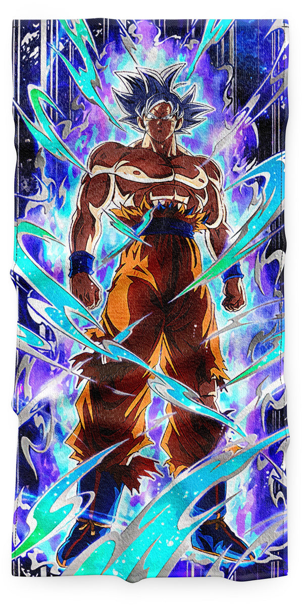 Une image de Son Goku, un personnage de la série animée Dragon Ball Super. Il est représenté en train de se transformer en Super Saiyan Blue, une forme qui lui donne des cheveux bleus et une aura bleue. Il est entouré d'éclairs bleus et porte un gi orange et bleu.,SE-7679817413,SE-9368497702