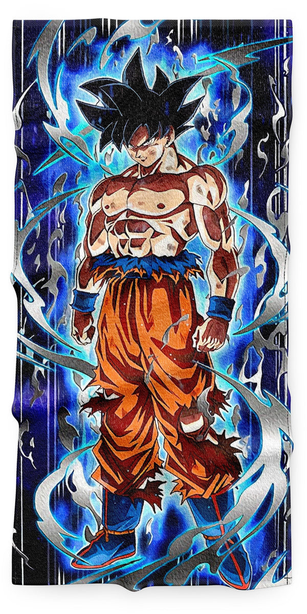 Une illustration de Son Goku, un personnage de la série animée Dragon Ball. Il est représenté en train de se transformer en Super Saiyan, avec les cheveux bleus et les yeux bleus. Il est entouré d'une aura bleue et blanche.,SE-067965495X,SE-3365138749