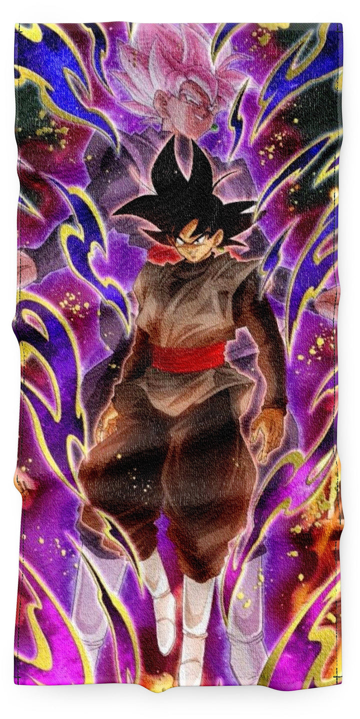 Une illustration de Son Goku, un personnage de la série Dragon Ball, dans sa forme Black. Il est vêtu d'une combinaison noire et rouge et a les cheveux roses. Il est entouré d'une aura violette et jaune.,SE-8803684301,SE-6297081964