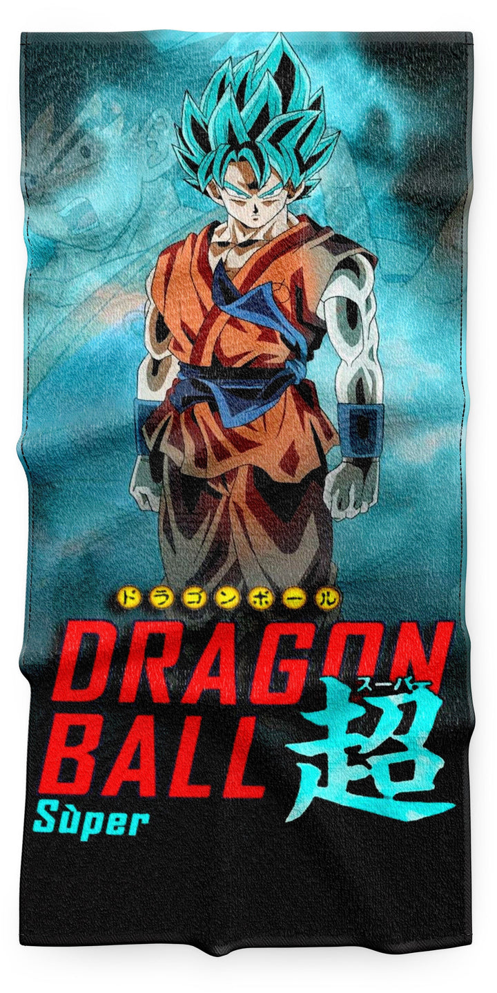 Une image de Son Goku, un personnage de la série animée Dragon Ball Super. Il est représenté debout, avec les cheveux bleus et les yeux bleus, vêtu d'un kimono orange et d'une ceinture bleue. En arrière-plan, on peut voir un dragon bleu.,SE-8310674929,SE-2001921586