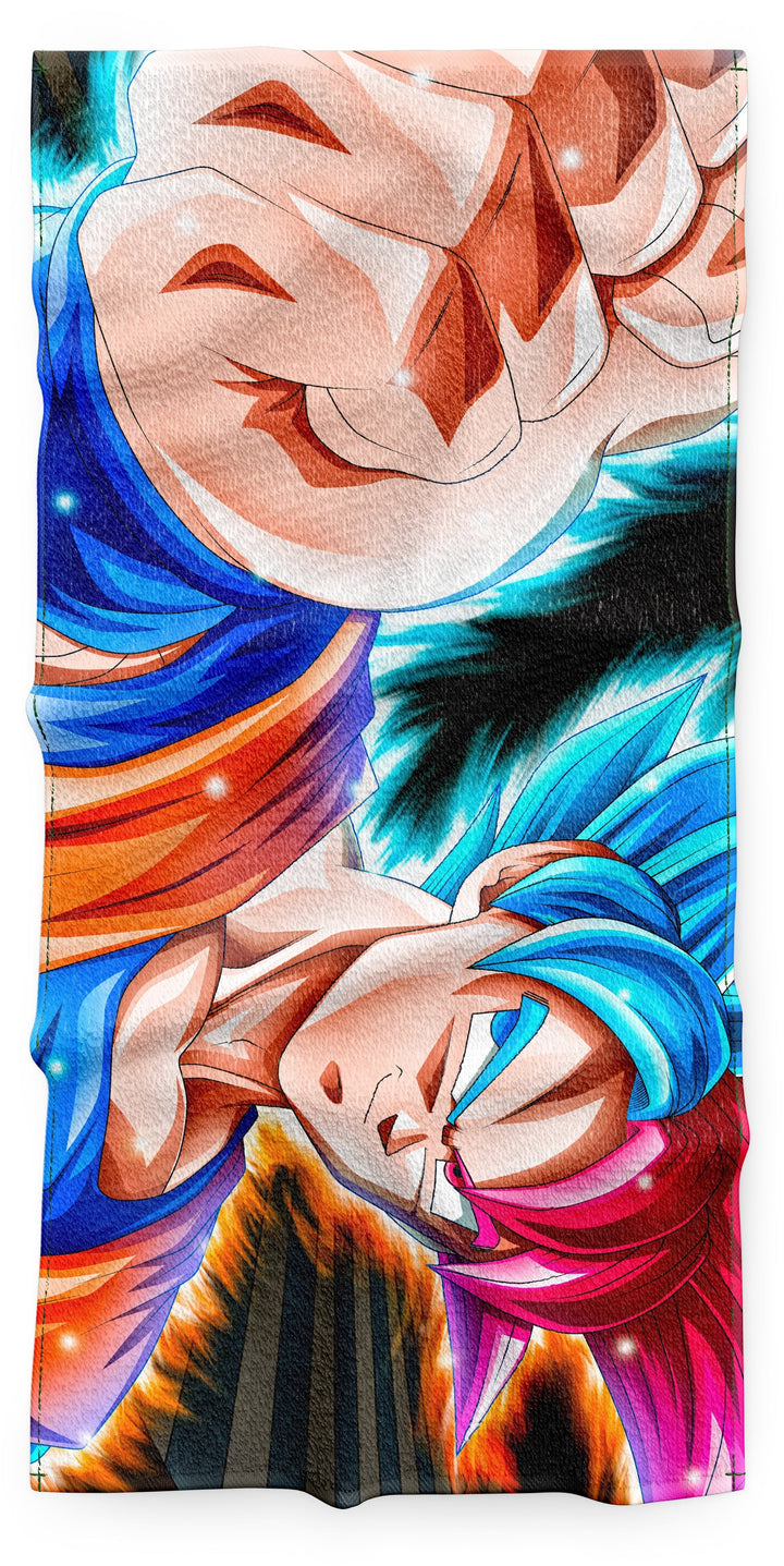 Une illustration de Son Goku et Vegeta, deux personnages de la série animée Dragon Ball Super. Goku est un Saiyan, une race extraterrestre guerrière, et Vegeta est un prince Saiyan. Les deux personnages sont représentés en train de se battre, avec Goku en position de supériorité.,SE-8243968997,SE-1553383931