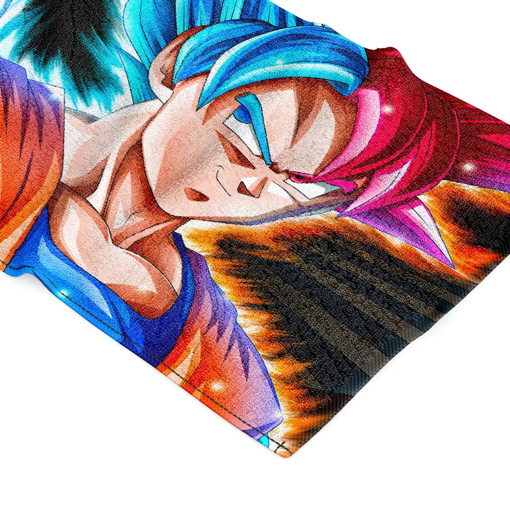 Une illustration de Son Goku, un personnage de la série animée Dragon Ball. Il est représenté avec les cheveux bleus et rouges et les yeux bleus. Il porte une combinaison bleue et orange et est entouré d'une aura bleue et rouge.,SE-8243968997,SE-1553383931