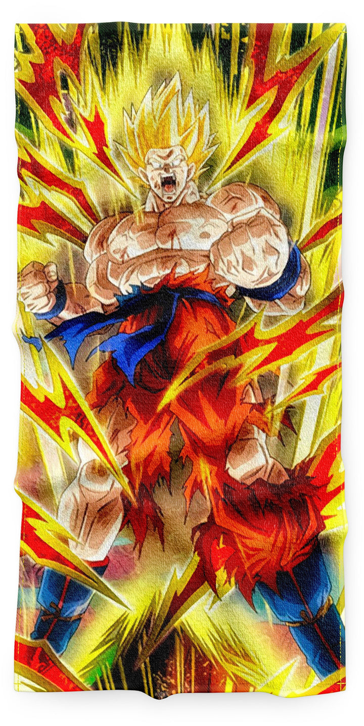 L'image représente Son Goku, un personnage de la série animée Dragon Ball Z. Il est en train de se transformer en Super Saiyan, ce qui est une transformation qui lui permet d'augmenter considérablement sa puissance. Il est entouré d'une aura jaune et ses cheveux sont devenus blonds. Il est en position de combat.,SE-7257736898,SE-2875813404