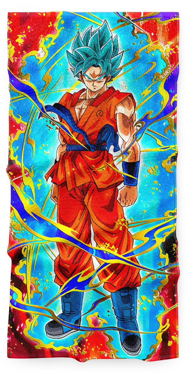 Une illustration de Son Goku, un personnage de la série animée Dragon Ball. Il est représenté avec les cheveux bleus et les yeux bleus, vêtu d'un kimono orange et bleu. Il est entouré d'une aura bleue et jaune.,SE-7125675204,SE-4729923871