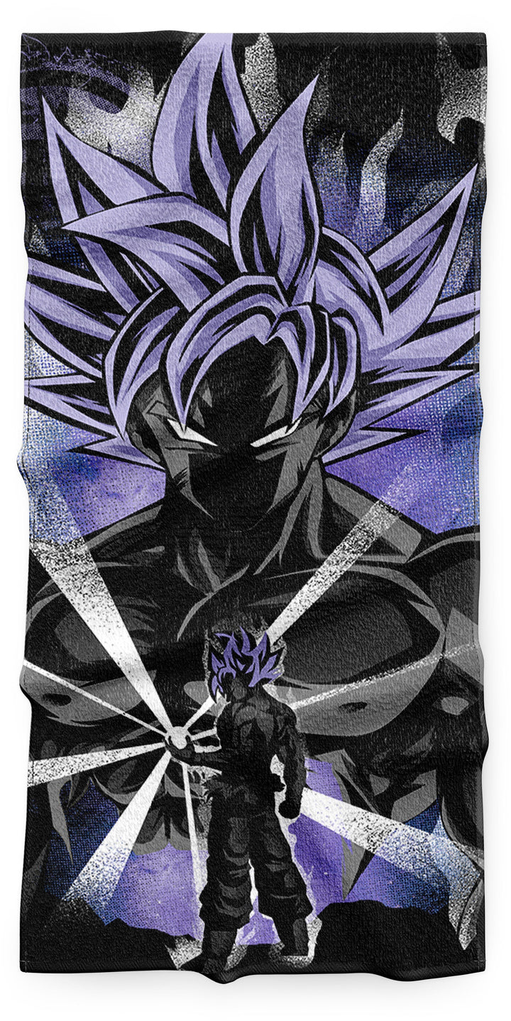 Une illustration de Son Goku, un personnage de la série animée Dragon Ball Super. Il est représenté de face, avec les cheveux violets et les yeux bleus. Il porte une combinaison noire et violette. Derrière lui, se trouve une aura violette.,SE-5328159462,SE-3709809274