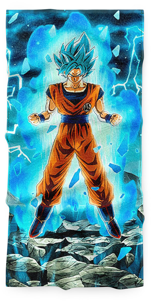 Une illustration de Son Goku, un personnage de la série animée Dragon Ball. Il est représenté en train de se transformer en Super Saiyan Blue, une transformation qui lui donne des cheveux bleus et une aura bleue. Il est entouré d'éclairs bleus et se tient sur un rocher.,SE-8238356792,SE-7935907285