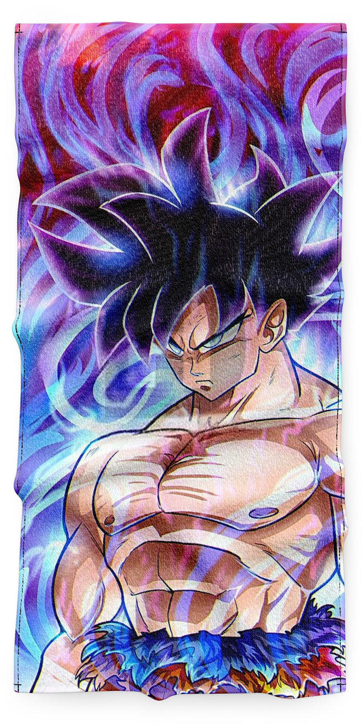 Une illustration de Son Goku, un personnage de la série animée Dragon Ball Z. Il est représenté avec les cheveux bleus et les yeux bleus, et porte une combinaison orange et bleue. Il est entouré d'une aura bleue et violette.,SE-4010822910,SE-7036392878