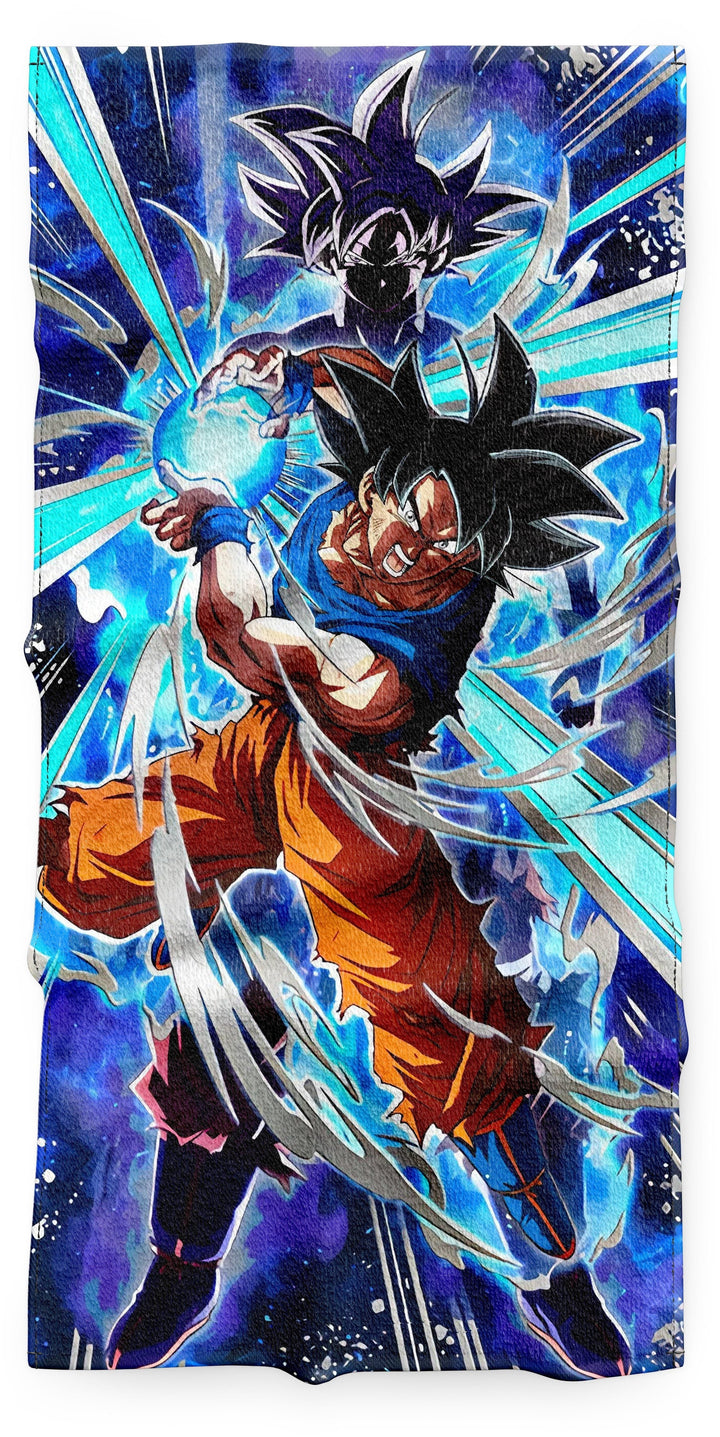 Une illustration de Son Goku, un personnage de la série animée Dragon Ball. Il est représenté en train de charger une attaque énergétique bleue.,SE-1184491070,SE-6967203495