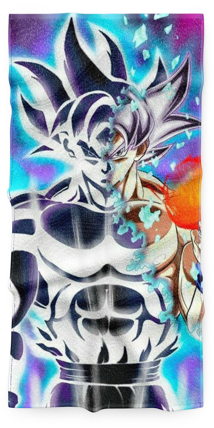 Une illustration de Son Goku, un personnage de la série animée Dragon Ball. Il est représenté en train de se transformer en Super Saiyan, avec les cheveux bleus et les yeux bleus. Il est entouré d'une aura bleue et blanche.,SE-8768204000,SE-7475615162