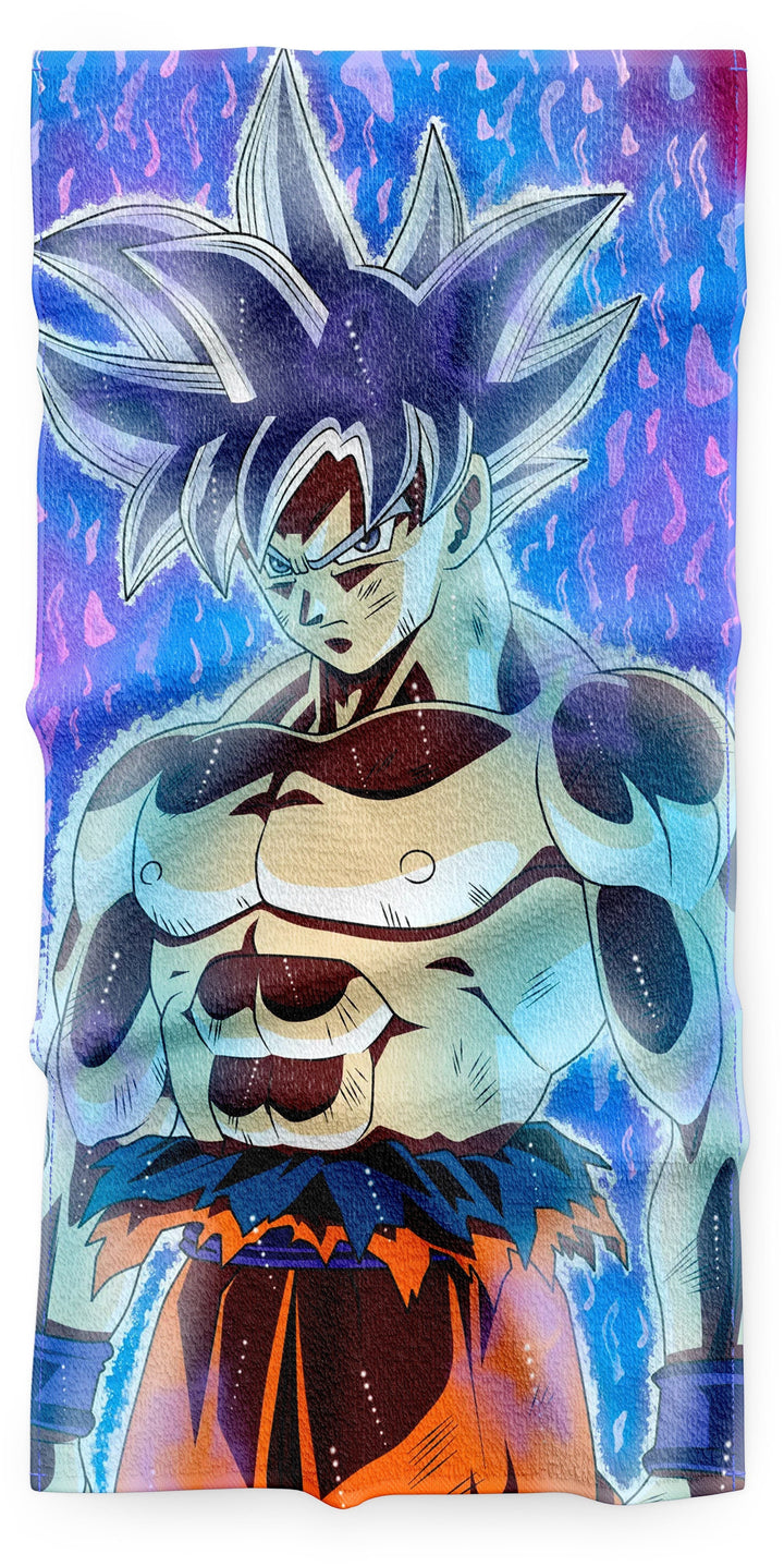 Une illustration de Son Goku, un personnage de la série animée Dragon Ball Super. Il est représenté avec les cheveux bleus et les yeux bleus, et porte une combinaison orange et bleue. Il est entouré d'une aura bleue et blanche.,SE-7532025624,SE-192219364X