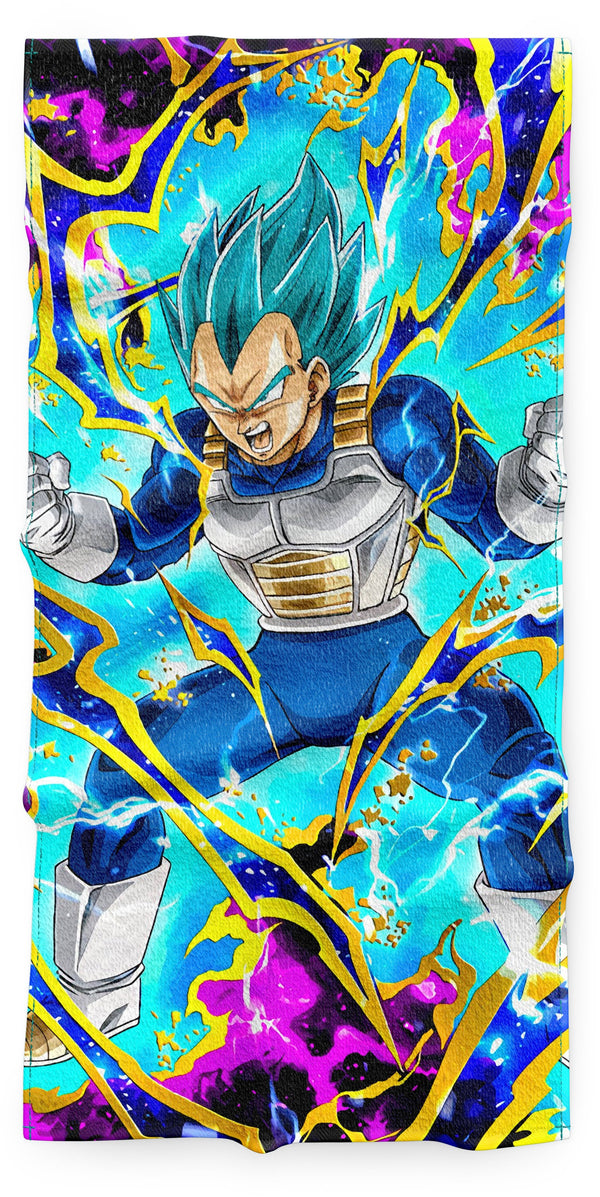 Une illustration de Vegeta, un personnage de la série Dragon Ball. Il est représenté en train de se transformer en Super Saiyan Blue, une forme puissante qu'il atteint en canalisant l'énergie divine. Il est entouré d'une aura bleue et jaune, et ses cheveux sont bleus.,SE-5806330273,SE-9534228087