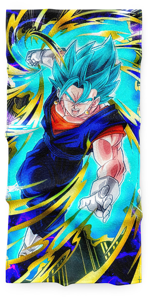 Une illustration de Vegetto, un personnage de Dragon Ball Super. Il est représenté en train de se battre, avec ses cheveux bleus et sa combinaison bleue et orange. L'arrière-plan est jaune et bleu.,SE-2854014944,SE-5651155503