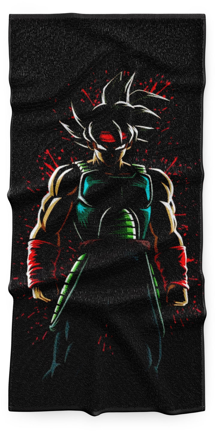 L'image représente un personnage de dessin animé, Bardock, le père de Son Goku. Il est vêtu d'une combinaison de combat verte et noire et a les cheveux noirs hérissés. Il se tient debout, les poings serrés, prêt à se battre. En arrière-plan, on peut voir des éclairs et des traînées de sang.,SE-5879885488,SE-2741962995