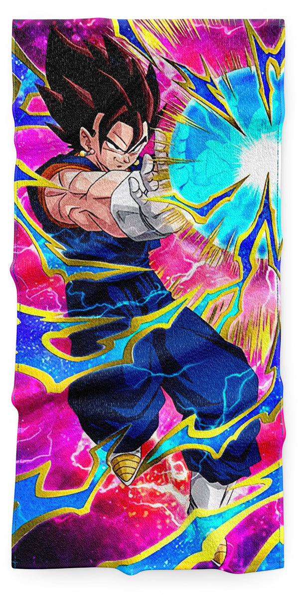 Une image de Vegeta, un personnage de Dragon Ball Z, en train de charger une attaque énergétique. Il est entouré d'une aura bleue et jaune, et l'arrière-plan est coloré en rose et violet.,SE-6398415272,SE-9288370927