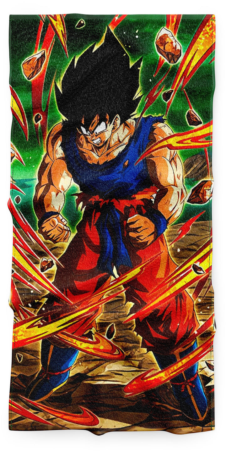 Une illustration de Son Goku, un personnage de la série animée Dragon Ball Z. Il est représenté en train de se battre, avec les cheveux noirs hérissés, le regard déterminé et les muscles saillants. Il est vêtu d'un kimono orange et bleu déchiré, et est entouré d'éclats de lumière et de rochers.,SE-3792994763,SE-9064788537