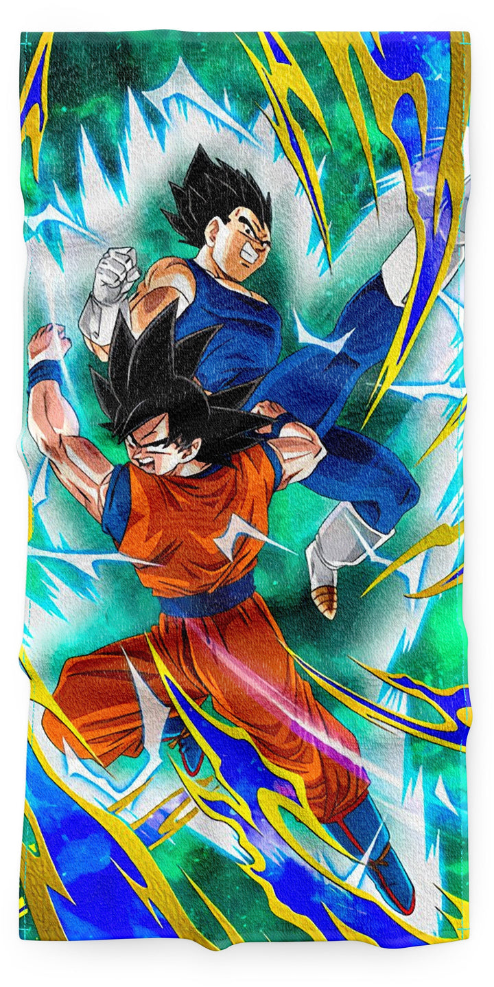 Une illustration de Goku et Vegeta, deux personnages de la série animée Dragon Ball Z. Goku est un Saiyan, une race extraterrestre guerrière, et Vegeta est un prince Saiyan. Les deux personnages sont représentés en train de se battre, avec Goku en position d'attaque et Vegeta en position de défense. L'arrière-plan est constitué d'une énergie verte et jaune.,SE-7976241176,SE-6811438967