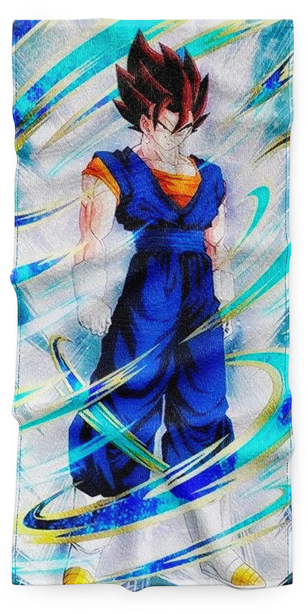 Une illustration de Vegetto, un personnage de Dragon Ball. Il est représenté debout, avec les cheveux bruns hérissés, et porte une combinaison bleue et orange. Il est entouré d'une aura bleue et jaune.,SE-1127121847,SE-7522703441