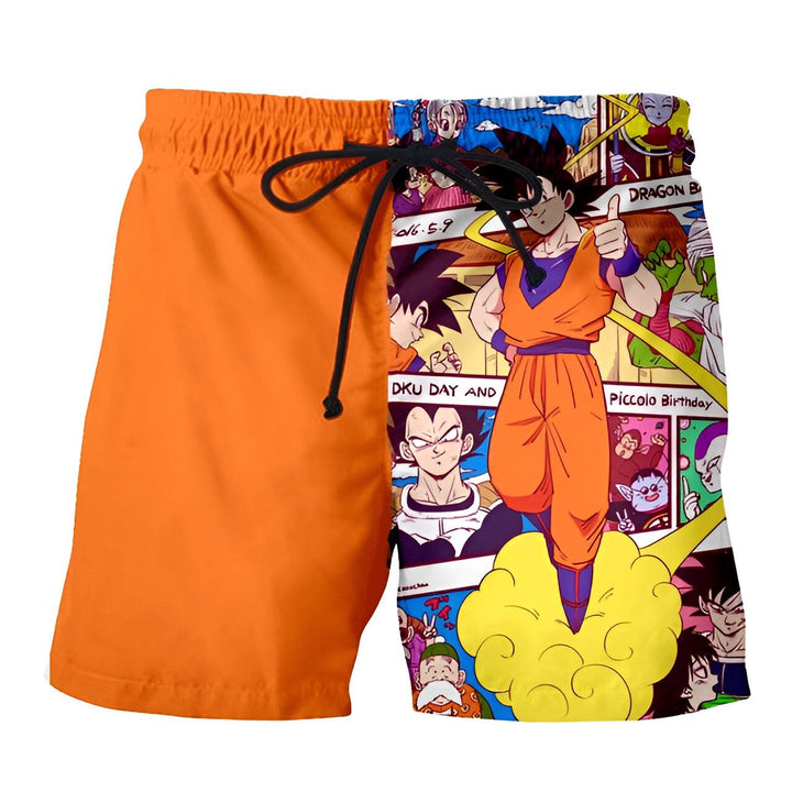 Ceinture orange avec un cordon de serrage. Sur la jambe droite, on peut voir Goku, le personnage principal de la série Dragon Ball Z, en train de voler sur son nuage magique. Il est entouré de ses amis et de ses ennemis. Sur la jambe gauche, on peut voir un aperçu de la saga Dragon Ball.,SH-0591753456,SH-1883412544,SH-3347862384,SH-5162396818,SH-6333698253