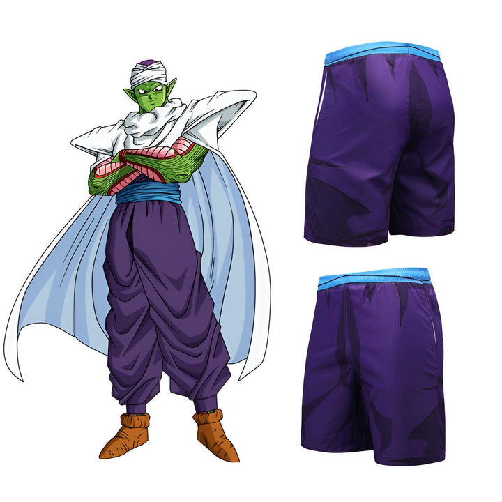 Une image de Son Gohan portant un short de sport violet avec des motifs de nuages blancs. Il porte également une ceinture bleue et des bottes marron foncé. Il a les cheveux verts et les yeux bleus. Il est en train de se croiser les bras.,SH-7931530543,SH-2224496850,SH-3101451620,SH-0754258602,SH-2246651778