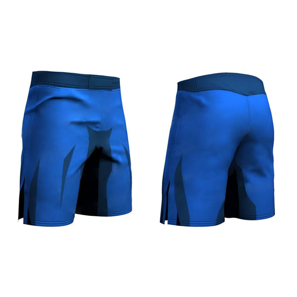 Le short de combat est bleu avec des motifs noirs. Il est vu de face et de dos.,SH-9723915324,SH-2427192597,SH-1126755125,SH-1405360631,SH-0136599184,SH-4314950587