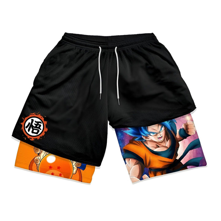 Le short est noir avec des motifs orange et bleus. Il y a une image de Son Goku, un personnage de la série animée Dragon Ball Z.,SH-1818547066,SH-9502684575,SH-8050242935,SH-9564099447,SH-5014169244,SH-6484719497