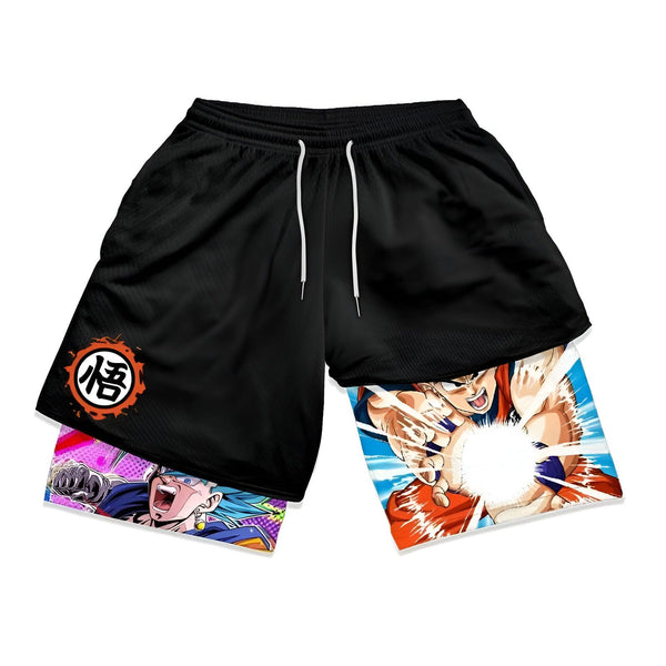 Le short est noir avec des motifs orange et bleus. Il y a un logo sur la jambe gauche et une image de Son Goku en train de lancer un Kamehameha sur la jambe droite.,SH-3905087960,SH-2956609335,SH-7554604465,SH-123890372X,SH-6190435963,SH-1002282268