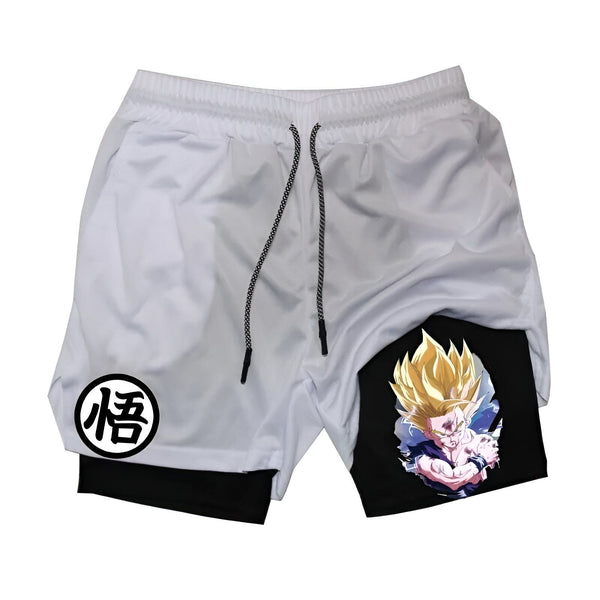 Le short de sport blanc et noir présente un motif du personnage de Son Gohan issu du manga Dragon Ball Z.,SH-4931670830,SH-8743557635,SH-9413627908,SH-768920659X,SH-8141663836,SH-824622543X