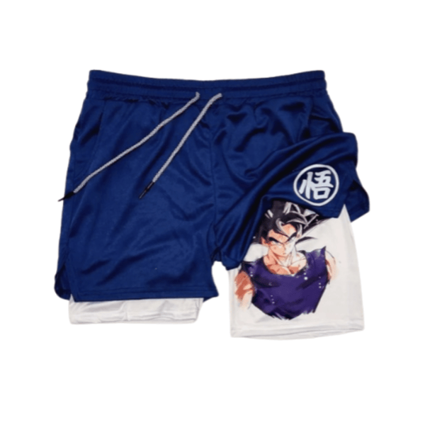 Ce short de sport bleu marine possède une doublure blanche. Il est orné d'un motif représentant Son Goku, un personnage de la série animée japonaise Dragon Ball Z.,SH-9197073423,SH-1081277858,SH-5603426861,SH-5988522564,SH-1440291306,SH-9067807052