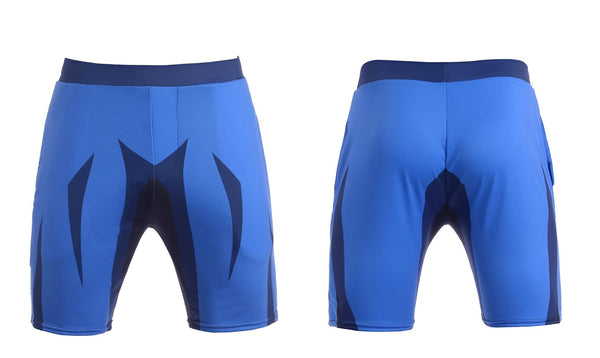 Le devant et le dos d'un short de sport bleu avec des motifs noirs.,SH-7630285647,SH-5862856242,SH-0680056629,SH-0918759234,SH-9988929897,SH-0242238106,SH-3561963528