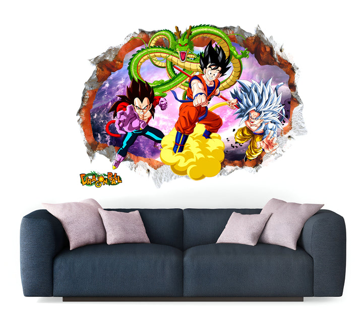 L'image représente un sticker mural en 3D de Dragon Ball Z. On y voit Goku, Vegeta et Trunks dans leur tenue de combat. Ils sont entourés de nuages et de montagnes. Le sticker est coloré et donne l'impression que les personnages sont en train de sortir du mur.,ST-7373394035