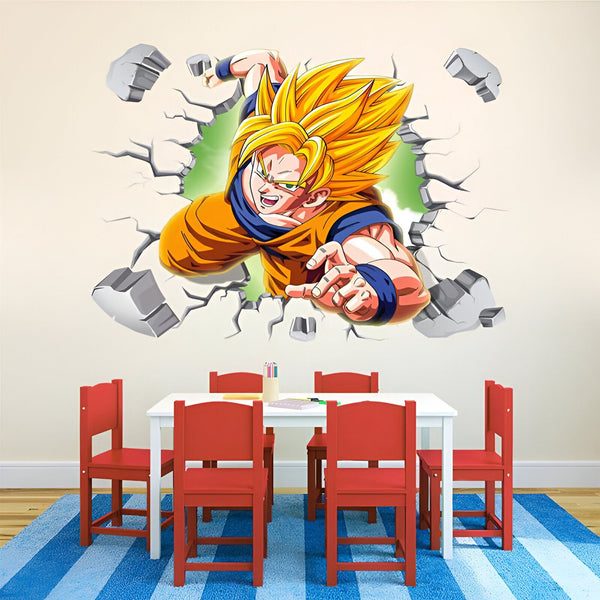Une image de Son Goku, un personnage de la série animée Dragon Ball Z, en train de briser un mur. Il est représenté avec ses cheveux blonds hérissés, sa combinaison orange et sa ceinture bleue.,ST-0654874654
