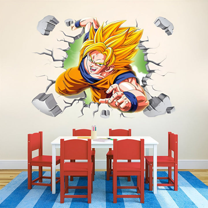 Une image de Son Goku, un personnage de la série animée Dragon Ball Z, en train de briser un mur. Il est représenté avec ses cheveux blonds hérissés, sa combinaison orange et sa ceinture bleue.,ST-0654874654