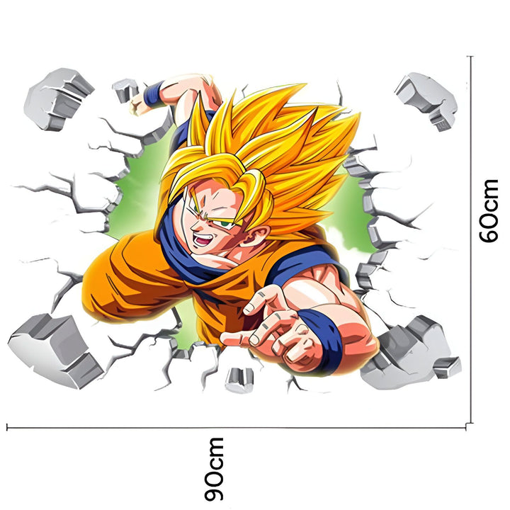 L'image représente un personnage de dessin animé, Son Goku, en train de sortir d'un mur. Il est vêtu d'une combinaison orange et bleue et a les cheveux jaunes. Il est entouré de morceaux de mur cassés. L'image est sur un fond blanc.,ST-0654874654