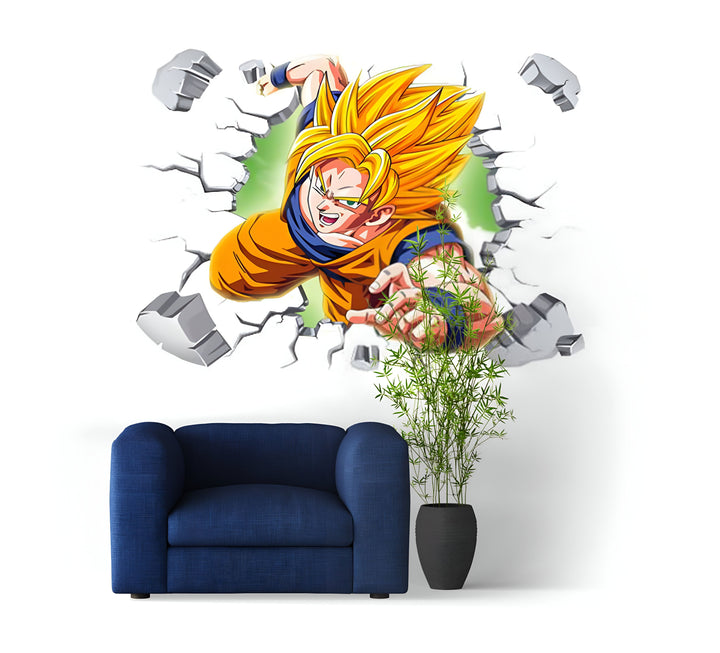 Une image de Son Goku, un personnage de la série animée Dragon Ball Z, en train de briser un mur. Il est représenté avec ses cheveux jaunes hérissés, sa combinaison orange et bleue, et sa ceinture verte. Il a le poing droit en avant et semble prêt à attaquer. En arrière-plan, on peut voir un mur blanc avec des fissures.,ST-0654874654